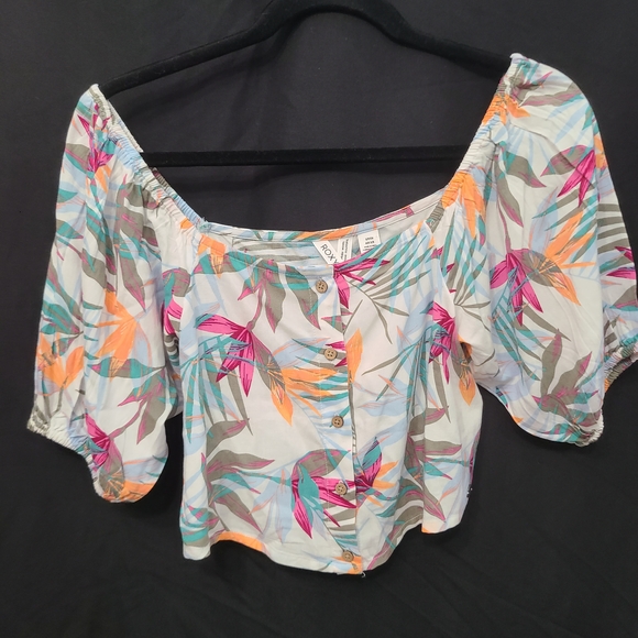 Roxy Pure Sugar Puff Sleeve Crop Top Shirt Size Small Tropical Floral Print - Picture 1 of 6